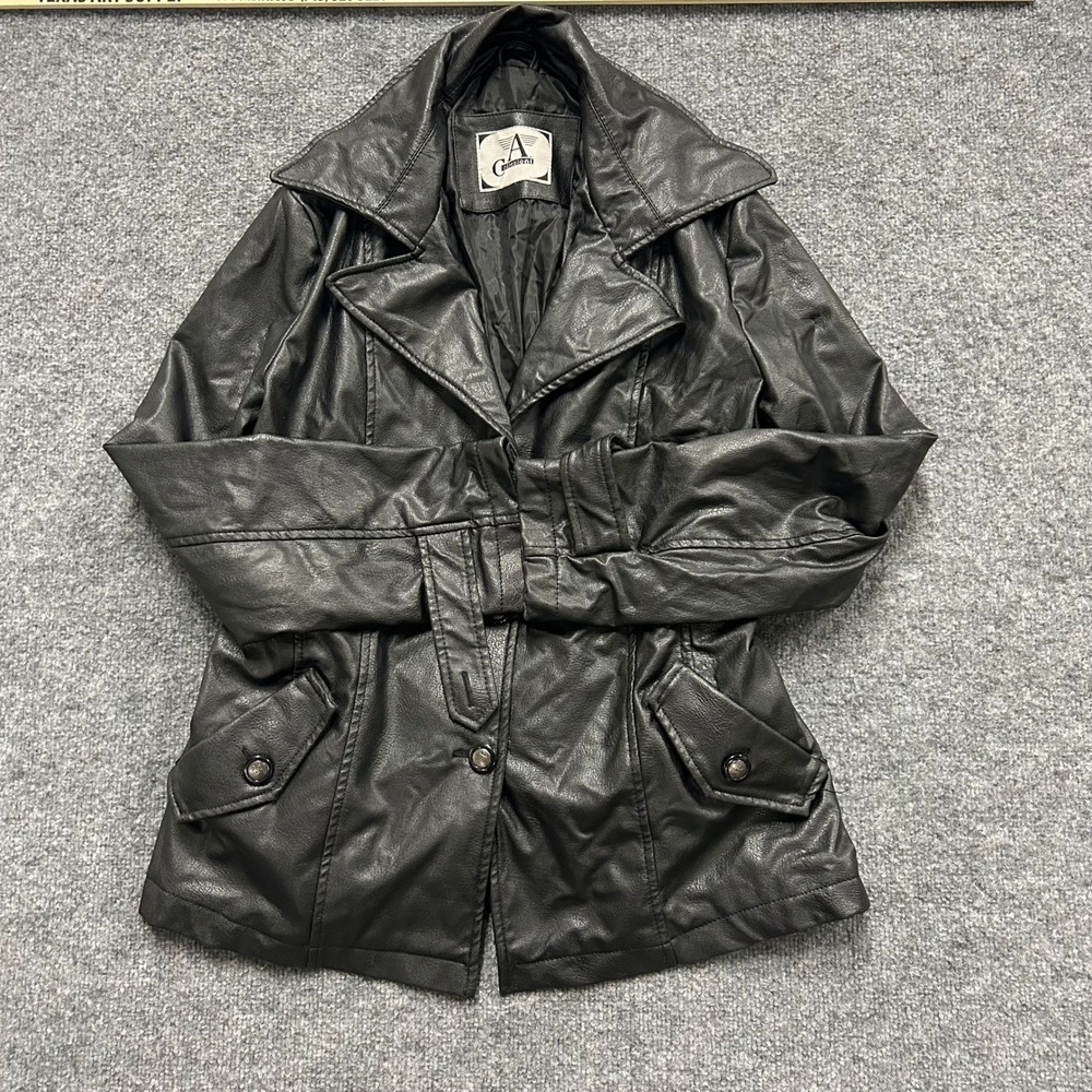 A. Collezioni Jacket Womens Size M Black Faux Leather Belted Moto Edgy Fair